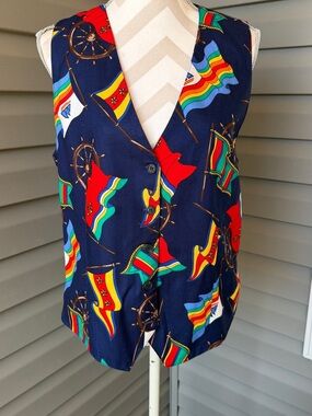 VTG- Talbots Navy Nautical Flag Print Vest Sz XL